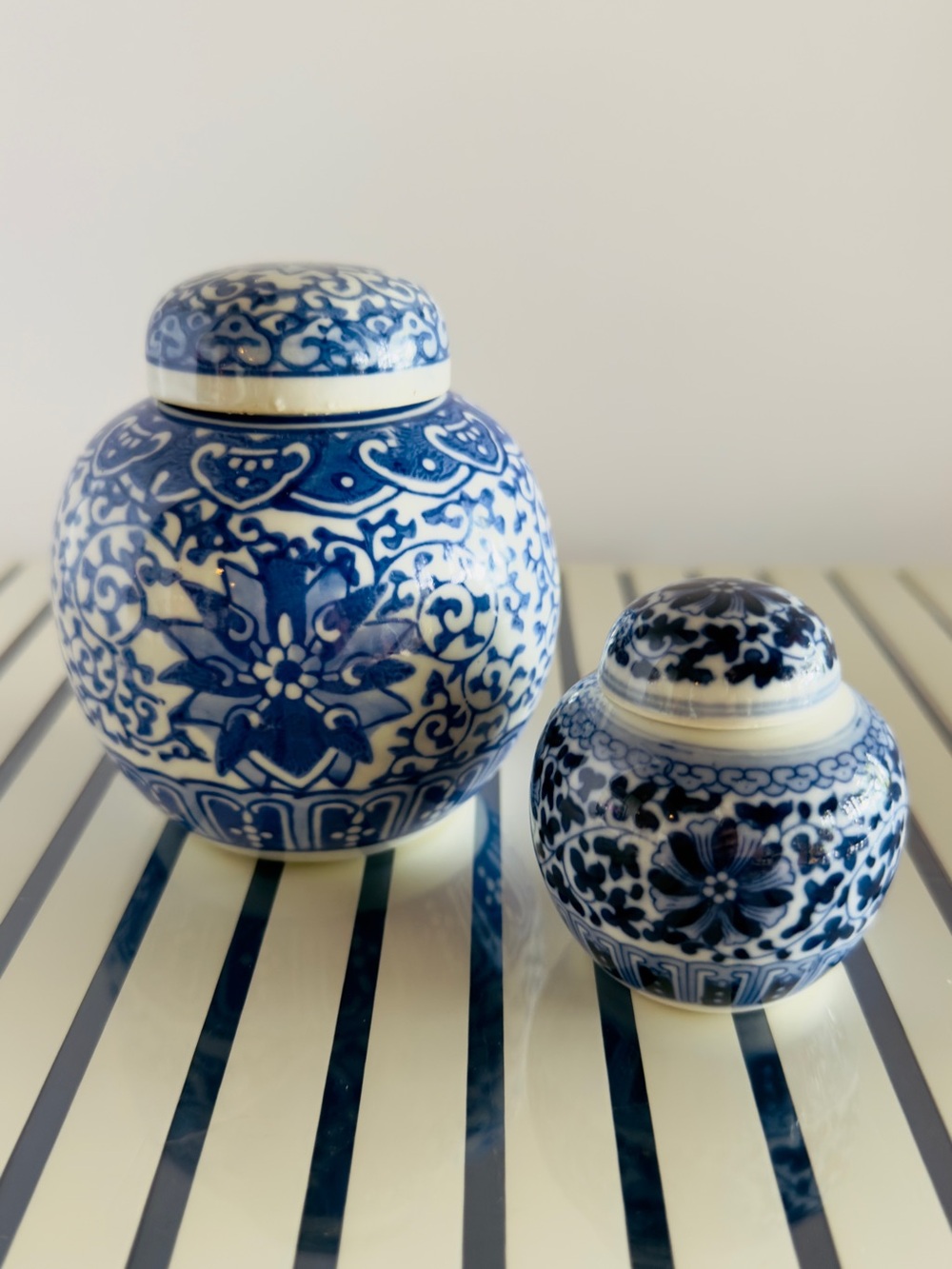 Vintage Blue and White Porcelain Ginger Jars - Set of 2